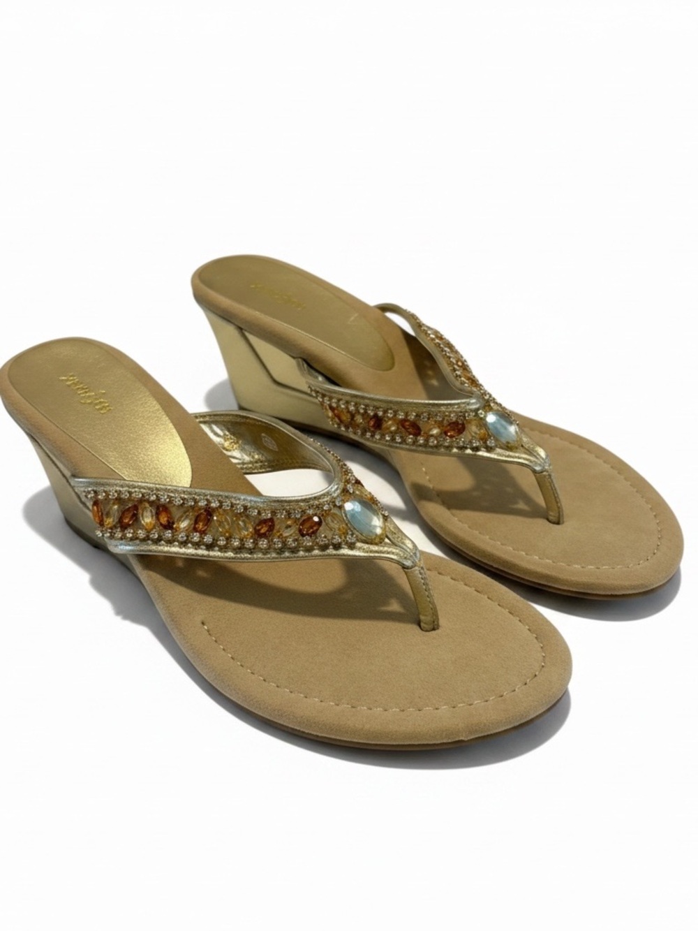East 5th New Gold Embellished Wedge Sandals
